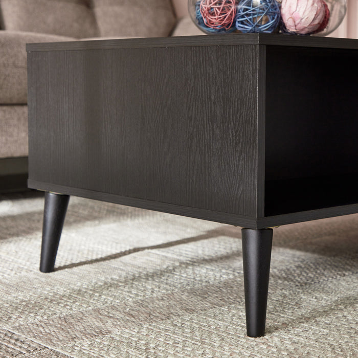 Rectangular Wooden Coffee Table with Rattan Print Drawer (Brown, Black)
