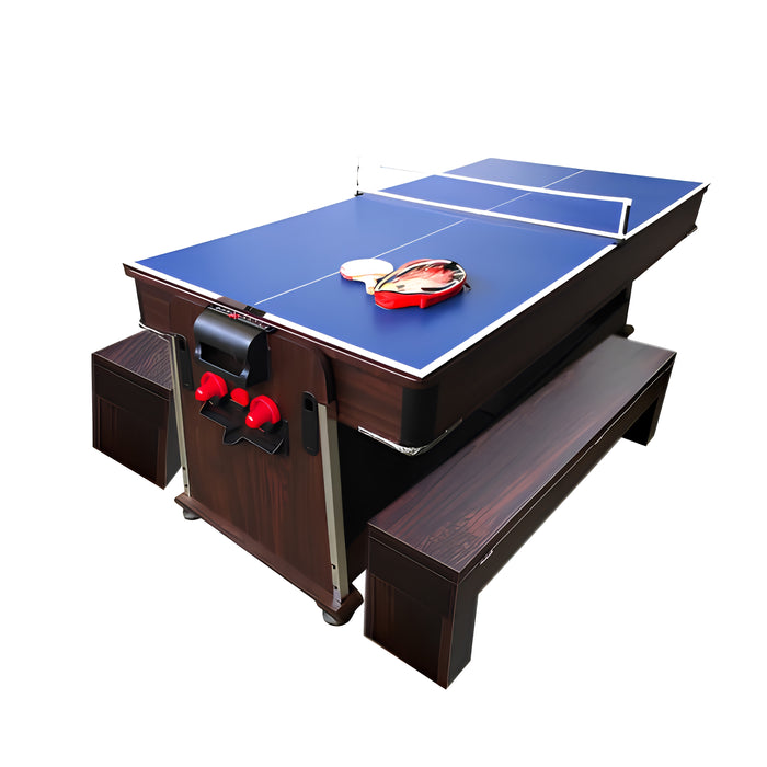 7 FT 4-in-1 Multi-Game Pool Table with Air Hockey, Table Tennis & Benches