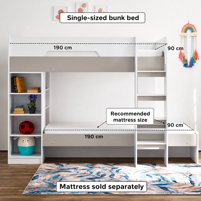Modern Single Wooden Bunk Bed with Storage Shelves - 90x190 cm