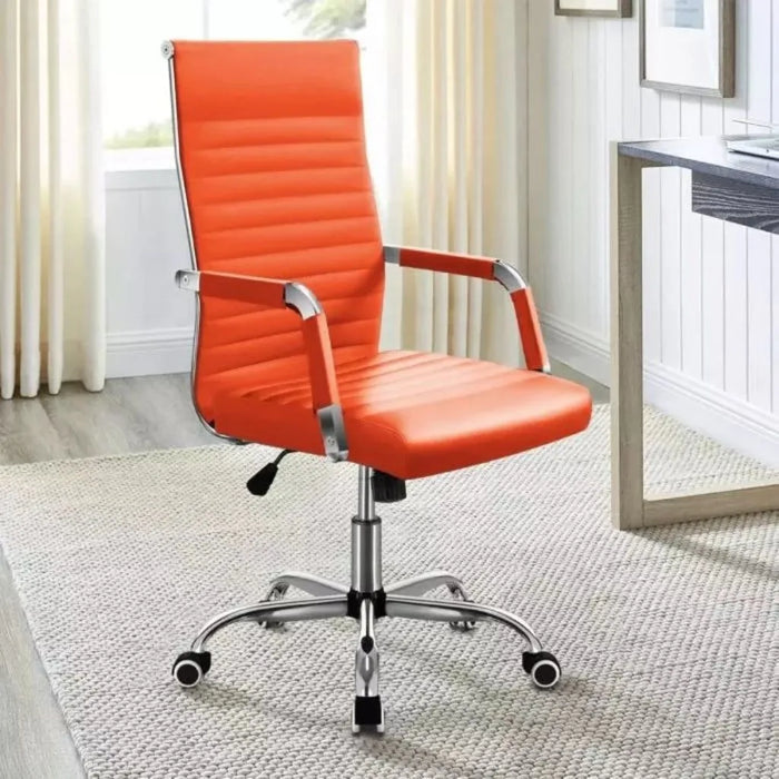 Furmax Ribbed Mid-Back Office Desk Chair, PU Executive Conference Chair with Adjustable Height, Swivel Function, Padded Armrests - Orange