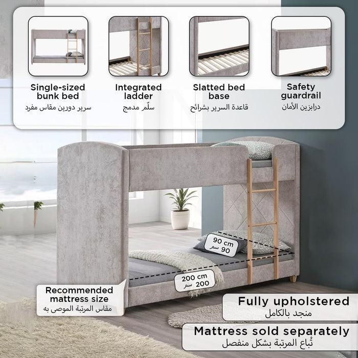 Upholstered Modern Single Bunk Bed - 90x200 cm