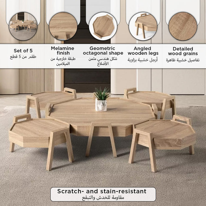 5-Piece Octagonal Wooden Coffee Table Set