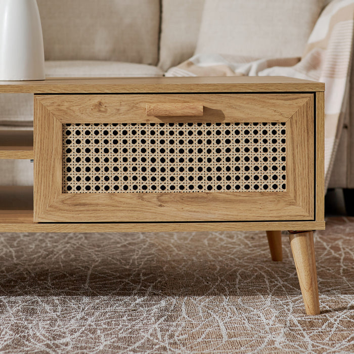 Rectangular Wooden Coffee Table with Rattan Print Drawer (Black, Brown)
