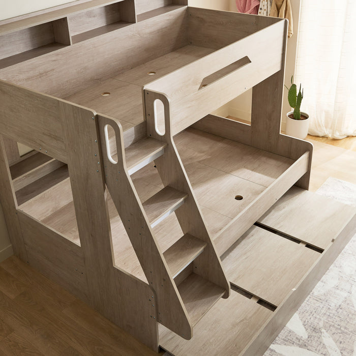 Single over Double Bunk Bed Frame with Pull-Out Trundle & Shelves (90x200 & 120x200 cm)
