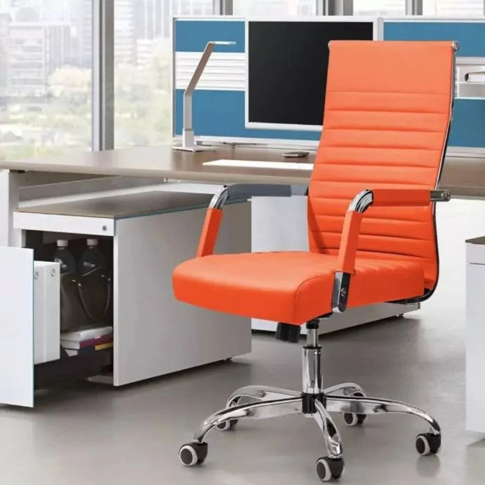 Furmax Ribbed Mid-Back Office Desk Chair, PU Executive Conference Chair with Adjustable Height, Swivel Function, Padded Armrests - Orange