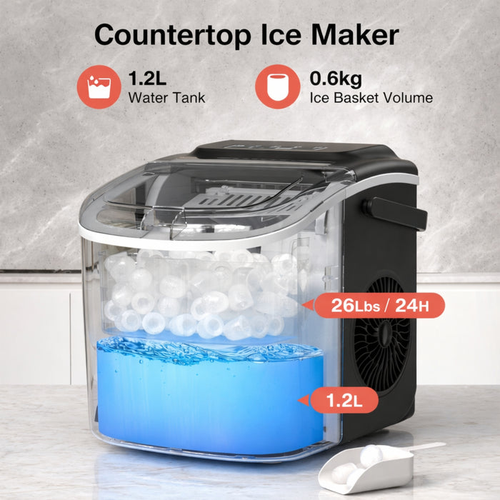Portable Countertop Ice Maker 12KG/24H, 9 Cubes in 6 Minutes, Self-Cleaning