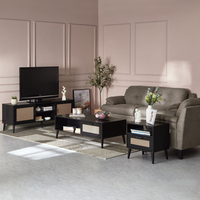 Rectangular Wooden Coffee Table with Rattan Print Drawer (Black, Brown)