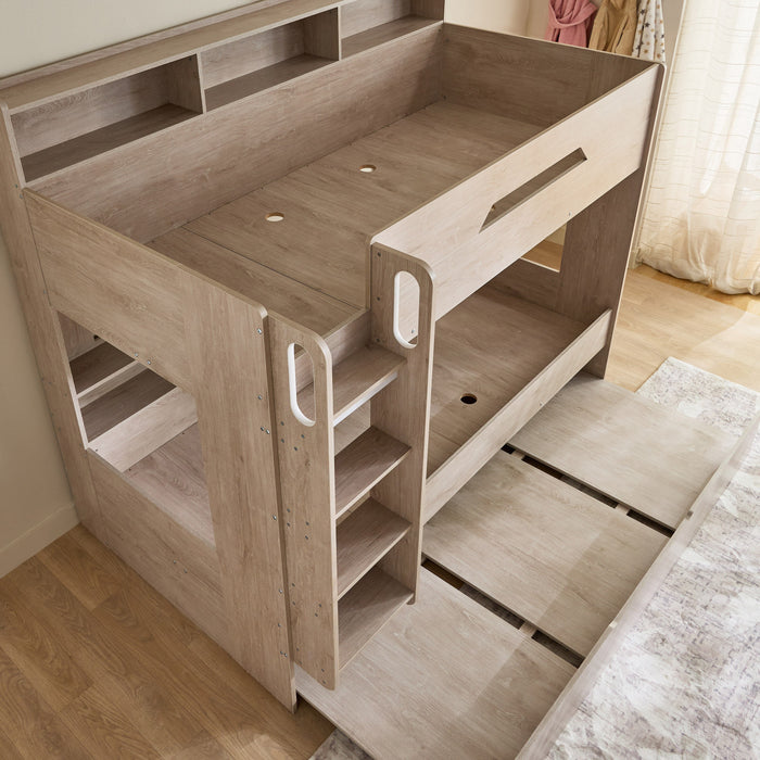 3-in-1 Kids Bunk Bed with Pull-Out Trundle & Integrated Shelves (90x200 cm)