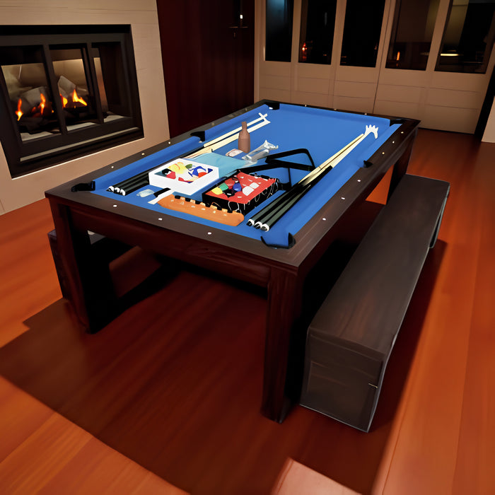 7FT Convertible Billiard Table with Dining Table & Storage Benches