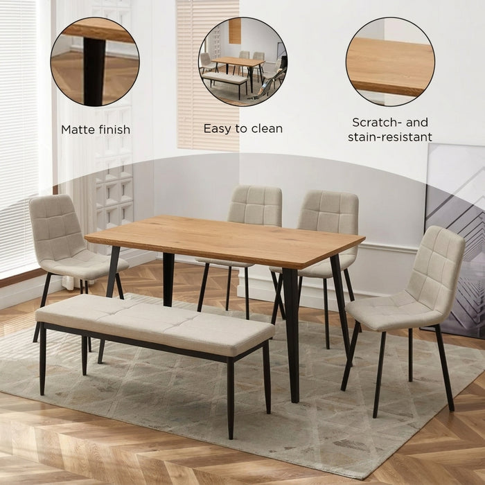 6-Seater Dining Set with Bench - Light Wood Finish