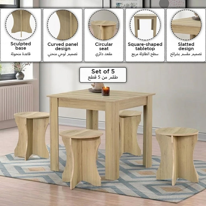 Modern Square 4-Seater Wooden Dining Set with Stools