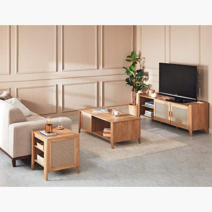 Rectangular Wooden Coffee Table with Rattan Print Storage Drawer