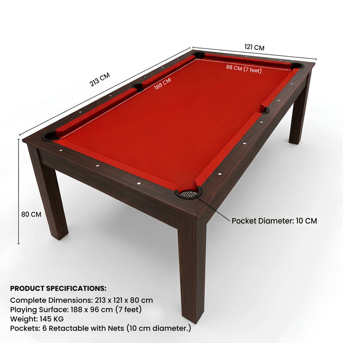 7FT Pool Table Billiards and Integrated Dining Table – Red