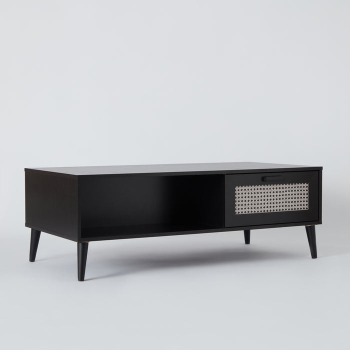 Rectangular Wooden Coffee Table with Rattan Print Drawer (Black, Brown)