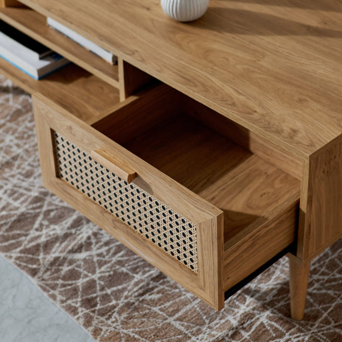Rectangular Wooden Coffee Table with Rattan Print Drawer (Black, Brown)