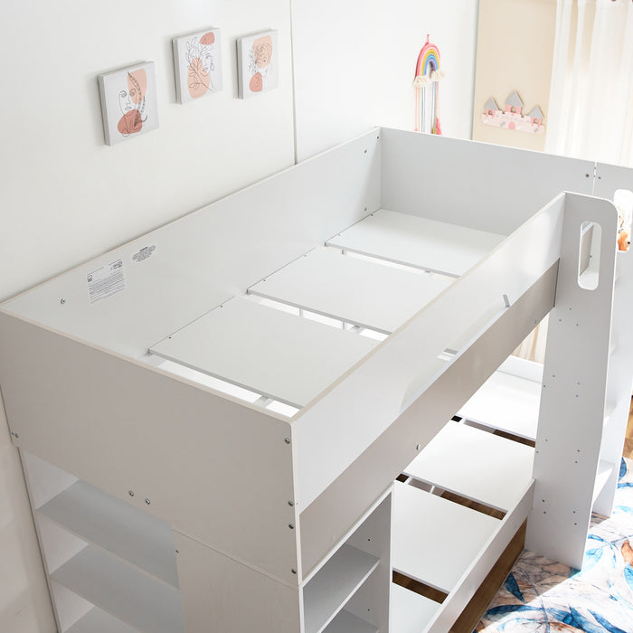 Modern Single Wooden Bunk Bed with Storage Shelves - 90x190 cm