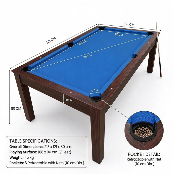 7FT Pool Table with Integrated Dining Table – Green & Blue