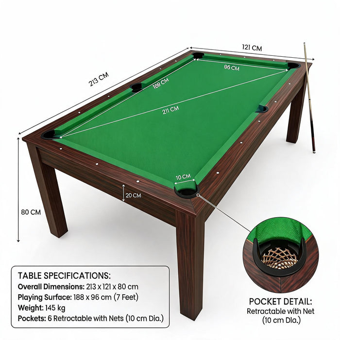 7FT Pool Table with Integrated Dining Table – Green & Blue