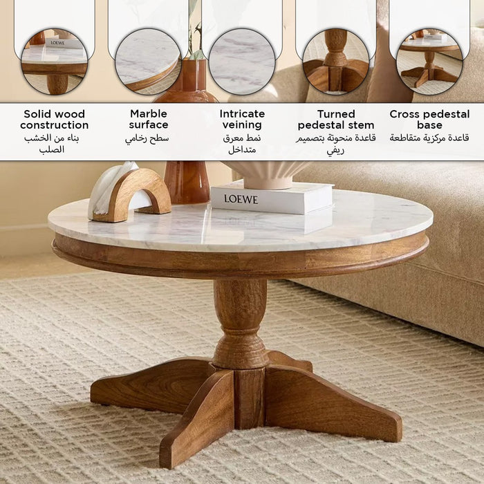 Round Genuine Marble Top Coffee Table with Solid Wood Base