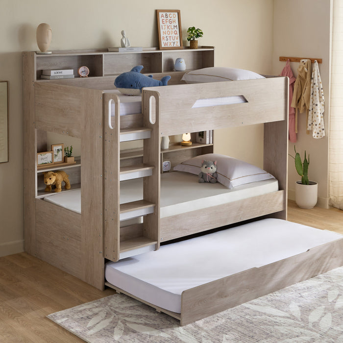 3-in-1 Kids Bunk Bed with Pull-Out Trundle & Integrated Shelves (90x200 cm)