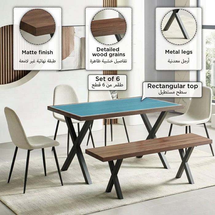 6-Seater Dining Set with Bench - Medium Wood Finish