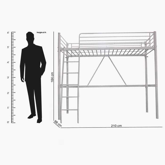 Metal Single Loft Bed Frame with Reversible Ladder (90x200 cm)
