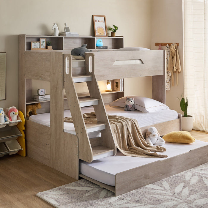 Single over Double Bunk Bed Frame with Pull-Out Trundle & Shelves (90x200 & 120x200 cm)